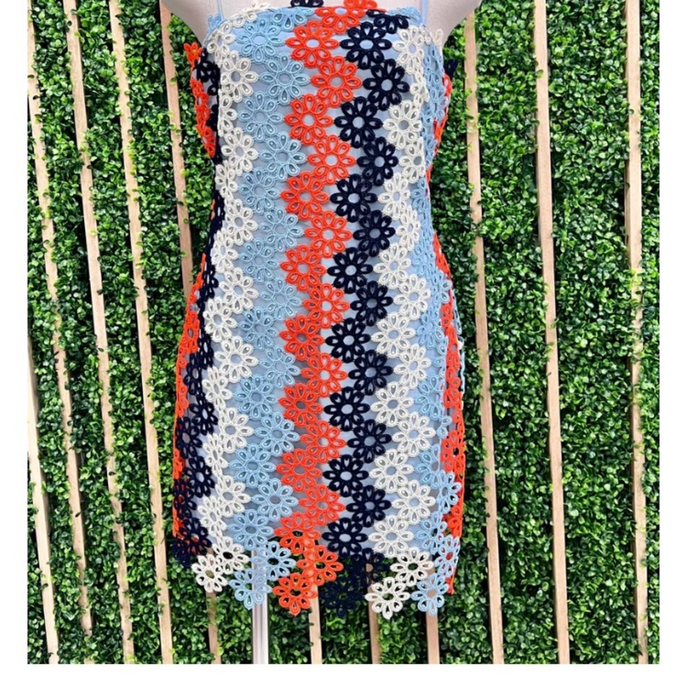 Crochet floral boutique dress new with tags! Blue and orange size Lg. Just Me